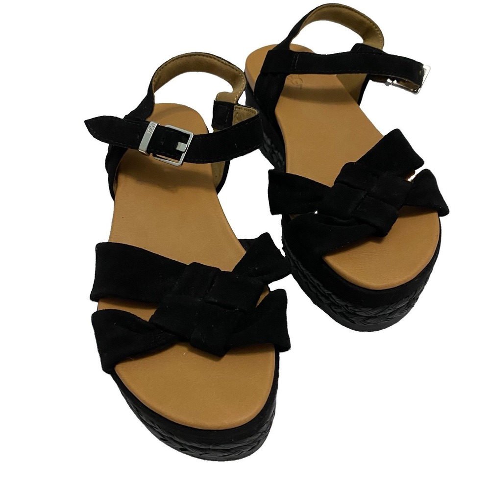 UGG Neusch Black Suede Platform Sandals Espadrille Wedge Size 7